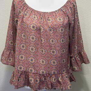 Sanctuary pink blue multi colored blouse, bell sleeves, lightweight, Large